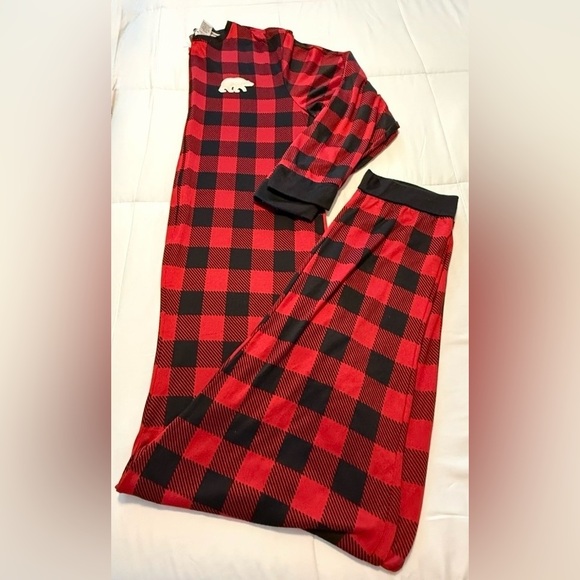 Dearfoams XL Buffalo Plaid One Piece Pajamas Cozy Bear Patch Lounge Sleeper - Picture 3 of 6